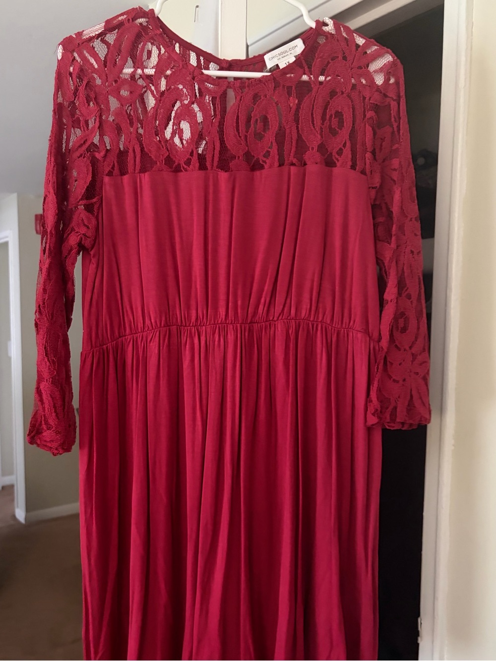 Chic Soul Women's Red Lace Bodice Longsleeve Dress